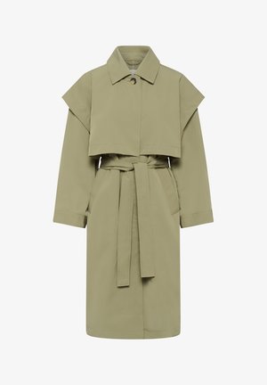 Knee-length, oliivroheline trench coat, mis on valmistatud siledast materjalist. Omab kahekordset nööpimist, laia kraed, vöökoht ja küljetaskud.