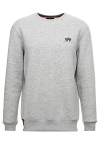Grauer Pullover aus Baumwollmischung mit Rundhalsausschnitt, langen Ärmeln, gerippten Bündchen und einem kleinen schwarzen Logo auf der Brust.