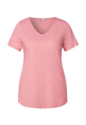Světle růžové tričko s krátkým rukávem a výstřihem do V vyrobené z jemné látky, s volným střihem a jemným melírovaným vzorem.
