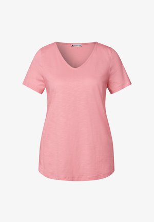 T-shirt rosa chiaro a maniche corte con scollatura a V, realizzato in tessuto morbido, caratterizzato da una vestibilità rilassata e una sottile texture mélange.