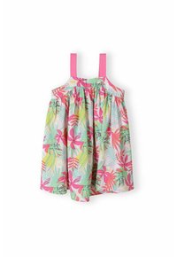 Robe légère avec des bretelles roses, arborant un fond vert menthe et des motifs vibrants de feuilles tropicales en rose, jaune et vert.