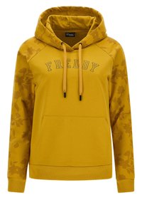 Sweat à capuche jaune avec une poche avant, présentant un motif floral sur les manches et le mot "FREDDY" brodé en lettres foncées. Cordon de serrage ajustable.