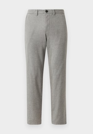 Gray woven trousers with a straight cut, featuring a button closure and belt loops; smooth texture and light fabric for casual wear.