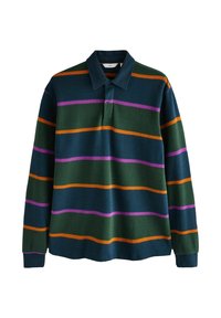 Polokošile s dlouhým rukávem v tmavě zelené barvě s horizontálními pruhy v oranžové, fialové a světle zelené barvě. Má límeček a volnější střih.