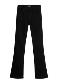 Svart flared jeans laget av en bomullsmiks. Har vanlig midjebånd, knappelukking og frontlommer. Glatt tekstur gjennom hele.