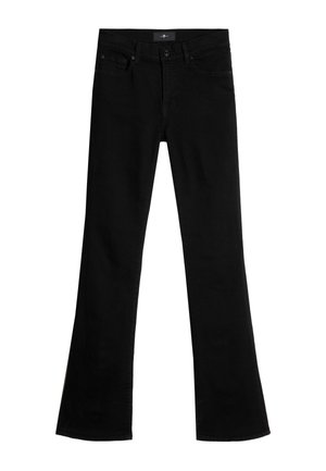 Jeans évasés noirs en tissu mélangé coton. Dotés d'une taille standard, d'une fermeture par bouton et de poches avant. Texture lisse sur l'ensemble.