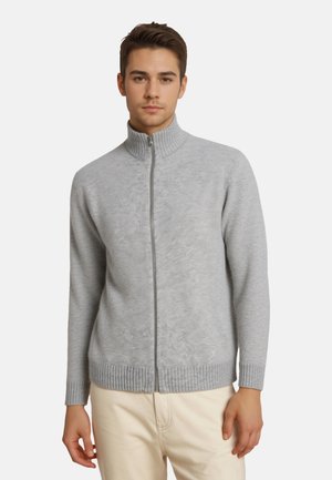 Jeune homme portant un pull zippé gris clair avec col, poignets et ourlet côtelés, associé à un pantalon beige clair, debout devant un fond blanc.