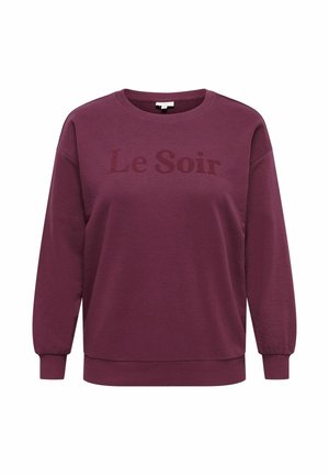 Lilla sweatshirt med lange ærmer, rund hals og ribstrikkede manchetter, med teksten "Le Soir" foran i en lidt mørkere nuance.