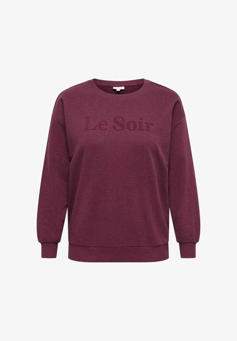 Sweat-shirt violet à manches longues avec col rond et poignets côtelés, avec le texte "Le Soir" sur le devant dans une teinte légèrement plus foncée.