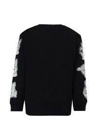 Maglietta nera a maniche lunghe con stampe di gesti delle mani in stile cartone animato bianche su entrambe le maniche, vista da dietro.