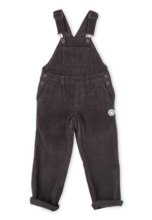 Graue Corduroy-Latzhose mit verstellbaren Trägern, Fronttasche und umgeschlagenen Säumen. Enthält ein Logo-Patch an der Seite. Mit vertikalen Rippungen.