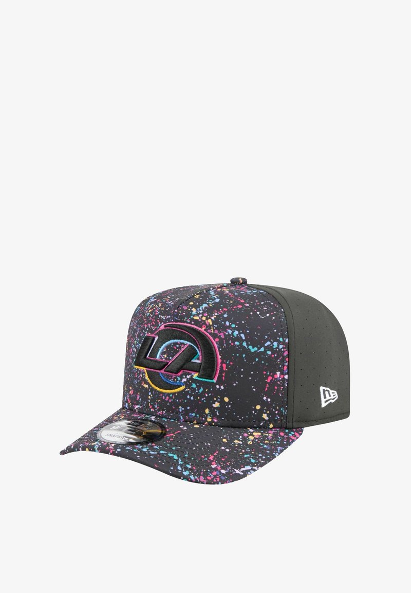 Black cap with a splatter paint design in pink, blue, and yellow. Features a raised LA logo, curved visor, and breathable texture.