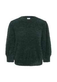 Dunkelgrüner, flauschiger Pullover mit Rundhalsausschnitt, langen Ärmeln und gerippten Bündchen. Weiche Textur, lockere Passform, keine sichtbaren Muster oder Hardware.