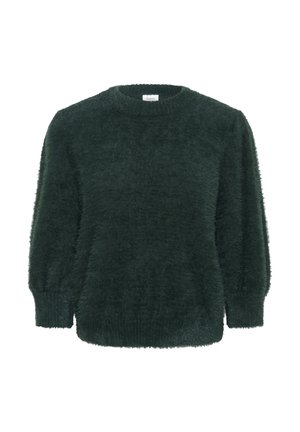 Dark green, fluffy sweater with a round neckline, long sleeves, and ribbed cuffs. Soft texture, relaxed fit, no visible patterns or hardware.