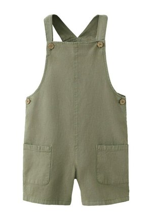 Salopette courte vert olive pour tout-petit avec poches avant et bretelles à boutons sur fond blanc.