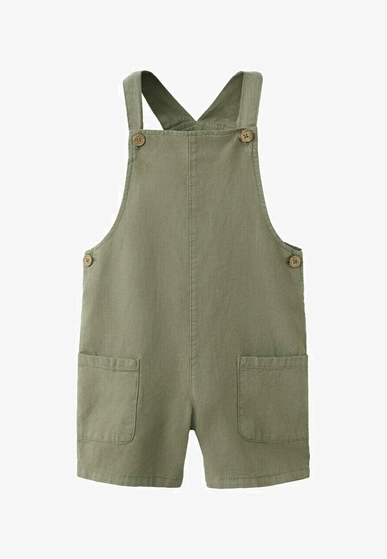 Salopette courte vert olive pour tout-petit avec poches avant et bretelles à boutons sur fond blanc.