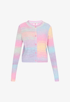 Rífľový cardigan v pastelových farbách (ružová, modrá, žltá) s piatimi gombíkmi a okrúhlym výstrihom. Dlhé rukávy a jemná textúra.