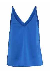 Camisola in satin blu con scollatura a V, spalline sottili e una texture liscia e lucida. L'orlo è leggermente curvo nella parte inferiore.