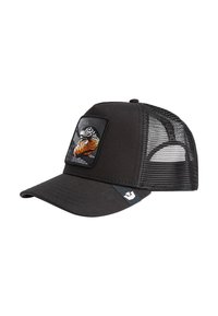 Schwarze Trucker-Kappe mit einem soliden Frontpanel, Netzrücken, flachem Schirm und einem quadratischen Logo-Patch mit einem bunten Fischdesign.