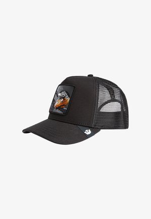 Black trucker cap with a solid front panel, mesh back, flat brim, and a square logo patch featuring a colorful fish design.