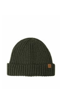 Knitted beanie in dark green with a ribbed texture and a folded cuff. Features a small leather logo tag on the side.