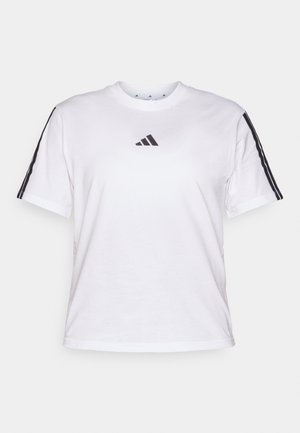 Bílý bavlněný tričko s kulatým výstřihem, krátkými rukávy a černými třemi pruhy na ramenou s logem Adidas na hrudi.