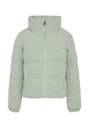 Mint green puffer jacket with a high collar, ribbed texture, front zipper, and two side pockets. Features elastic cuffs and a cropped design.