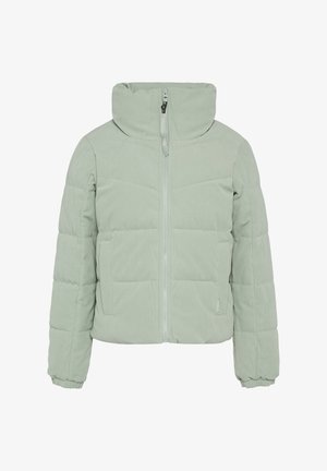 Mint green puffer jacket with a high collar, ribbed texture, front zipper, and two side pockets. Features elastic cuffs and a cropped design.