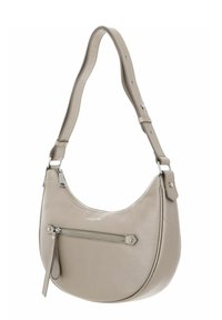 Borsa a spalla in pelle di un beige chiaro. Forma curvata, tracolla regolabile, tasca frontale con zip e sottile logo in rilievo. Texture liscia con dettagli in argento.