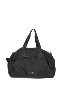 Fekete nejlon utazótáska két felső fogóval és elülső cipzáras zsebbel. Fehér "CARDIO BUNNY" logóval ellátva. Sima felületű, tágas kialakítás.