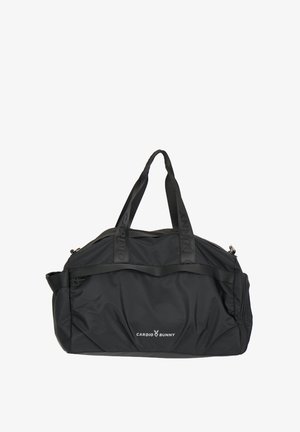 Sort nylon-duffelbag med to top-hanke og lynlåslomme foran. Har "CARDIO BUNNY"-logo i hvid. Glat tekstur og rummeligt design.