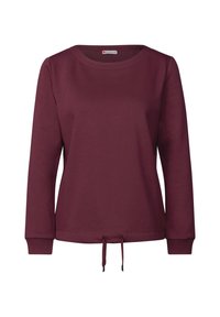 Sweatshirt bordeaux con scollo rotondo, maniche lunghe, polsini a costine e cordoncino sull'orlo. Texture liscia e design casual.