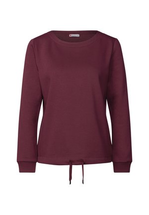Sweatshirt bordeaux avec un col rond, des manches longues, des poignets côtelés et un cordon de serrage à l'ourlet. Texture lisse et design décontracté.
