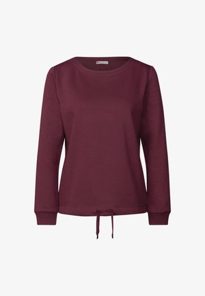 Sweatshirt bordeaux con scollo rotondo, maniche lunghe, polsini a costine e cordoncino sull'orlo. Texture liscia e design casual.