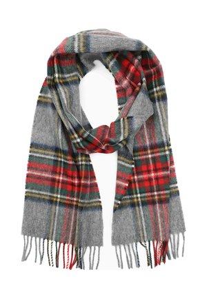 Grijze geruite sjaal van zacht wol, met rode, groene en gele accenten, franjes aan de randen en een rechthoekige vorm.