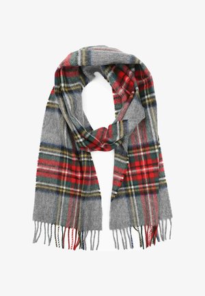 Grijze geruite sjaal van zacht wol, met rode, groene en gele accenten, franjes aan de randen en een rechthoekige vorm.