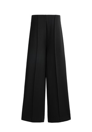 Black wide-leg trousers with a smooth, soft texture, featuring two front pleats and a straight cut. No visible hardware or patterns.
