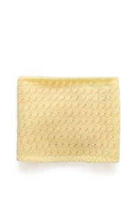Éponge rectangulaire jaune clair avec de petits trous uniformes, isolée sur fond blanc.