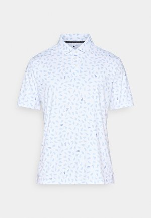 Polo shirt made of lightweight fabric, white with a blue abstract pattern. Features a classic collar and short sleeves.