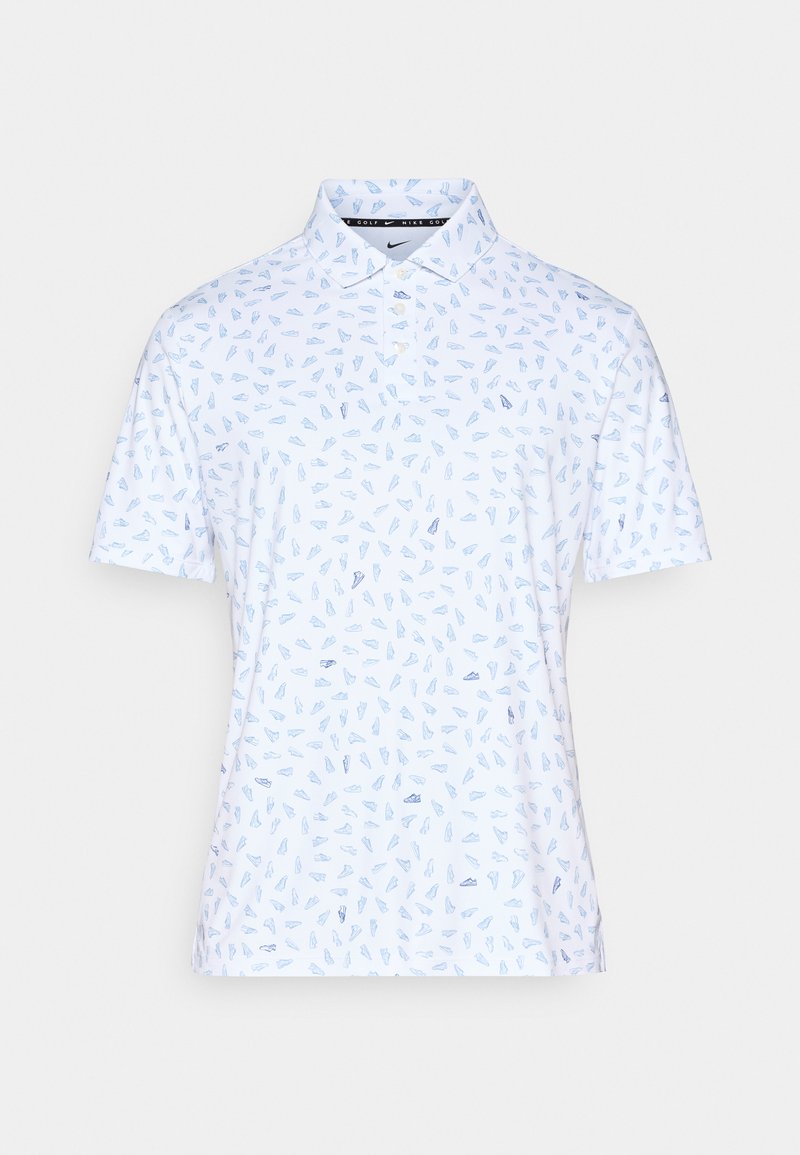 Poloshirt aus leichtem Stoff, weiß mit blauem abstraktem Muster. Mit klassischem Kragen und kurzen Ärmeln.