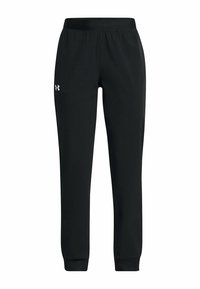 Zwarte sportbroek met een elastische tailleband, taps toelopende pijpen en ribbelmanchetten. Heeft een klein wit logo op de bovenkant van het linkerpijp.