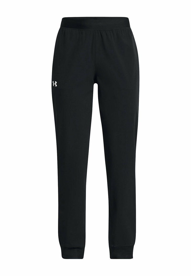 Zwarte sportbroek met een elastische tailleband, taps toelopende pijpen en ribbelmanchetten. Heeft een klein wit logo op de bovenkant van het linkerpijp.
