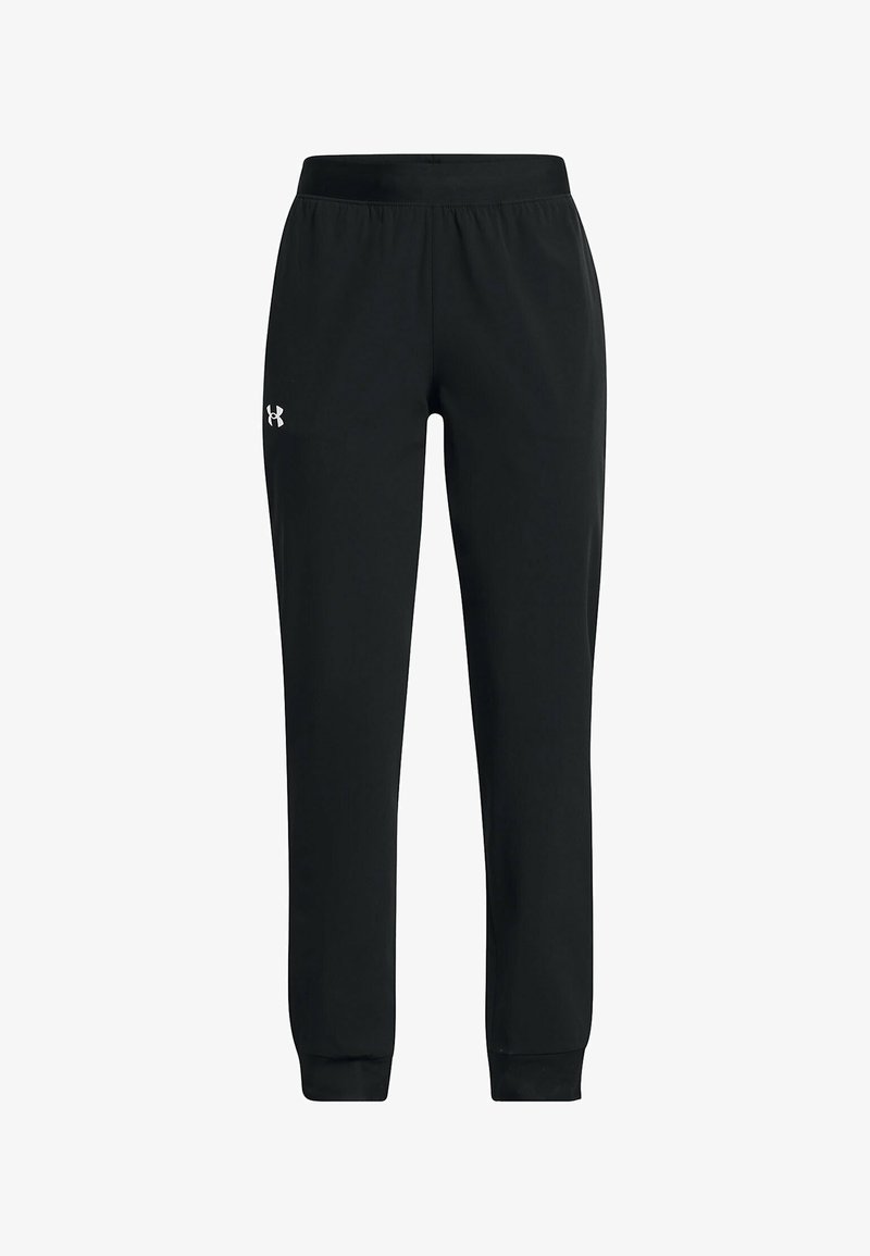 Black athletic pants with an elastic waistband, tapered legs, and ribbed cuffs. Features a small white logo on the upper left leg.