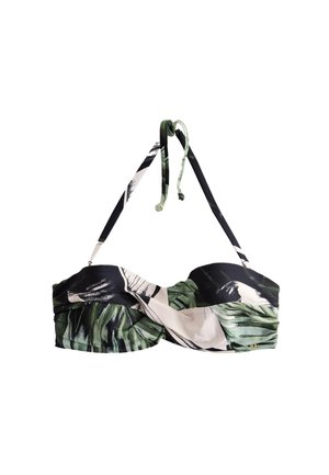 Top bikini bandeau con estampado tropical, parte delantera retorcida y tirantes ajustables de cuello halter en colores verde, negro y blanco.