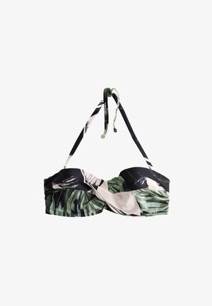 Bandeau bikini top s tropskim uzorkom, uvijenim prednjim dijelom i podesivim naramenicama koje se vežu oko vrata u zelenoj, crnoj i bijeloj boji.