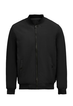 Veste bomber noire en matériau lisse, dotée d'une fermeture éclair à l'avant, de deux poches latérales avec des fermetures à pression, et d'un bas et de poignets côtelés.