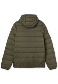 Oliwkowa kurtka puchowa z kapturem, ozdobiona pikowanymi paskami i elastycznymi mankietami. Wykonana z lekkiego, teksturowanego materiału.
