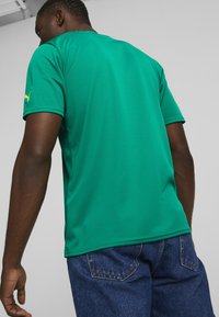 Grøn kortærmet skjorte lavet af struktureret stof, med rund hals og gult logo på venstre skulder. Bæres med blå jeans.