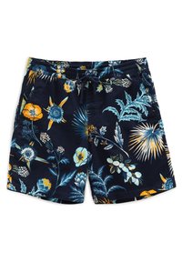 Pantaloncini da bagno blu navy con un vivace motivo floreale giallo e blu. Realizzati in tessuto leggero con vita elasticizzata e corda di regolazione.