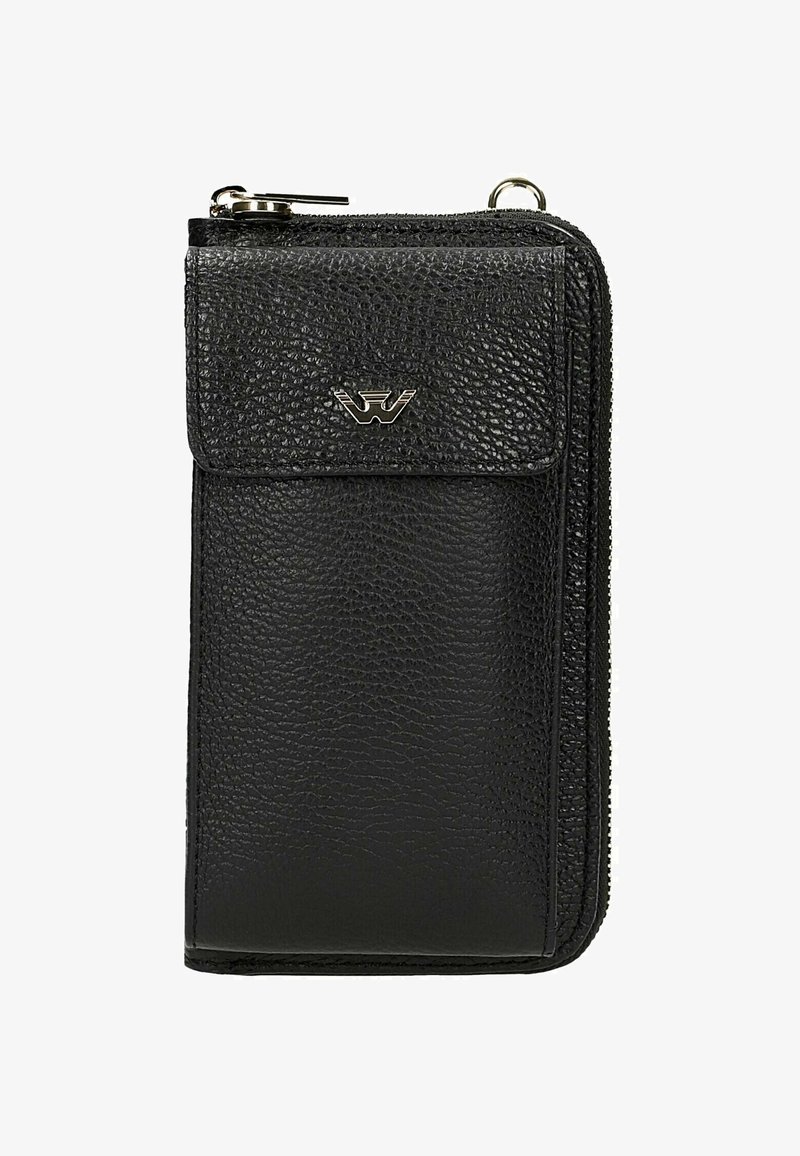 Portafoglio in pelle nera con una finitura testurizzata. Presenta una chiusura con zip, una patta con bottone a pressione e un logo marchiato discreto sulla parte anteriore.